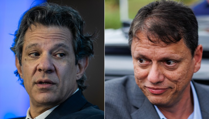 Fernando Haddad (PT), à esq., e Tarcísio de Freitas (Republicanos) iniciaram a campanha no ABC ...