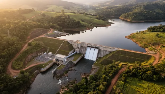 Projeção da Hidrelétrica km 47, que será instalada em São Matheus. - Foto: Divulgação/Sant...